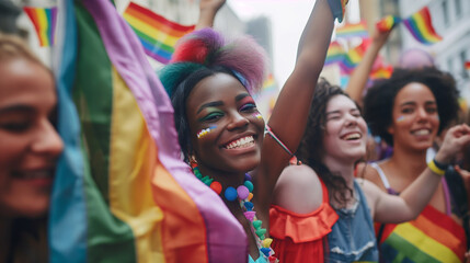 A group of young people are smiling and hugging with a rainbow flag. LGBT community, Pride event, transgender concepts.