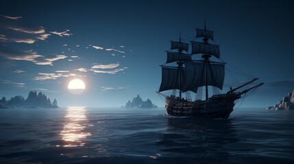 Fototapeta premium Moonlit voyage a ship navigating a dark ocean, exuding mystery and solitude at night