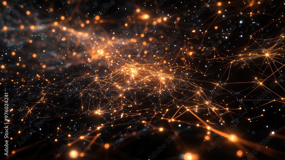 Poster a glowing web of light particles forming intricate patterns against a black void.