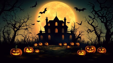 A spooky Halloween scene with a haunted house, a full moon, and jack-o-lanterns.