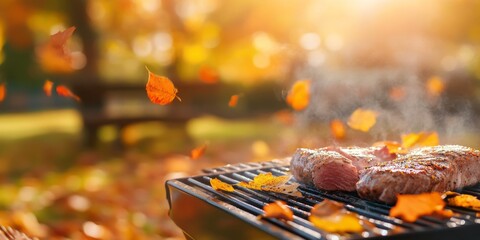 Embrace the beauty of autumn by savoring a captivating outdoor barbecue, enjoying the vibrant colors of falling leaves all around you and the warm sunlight in a picturesque and beautiful setting