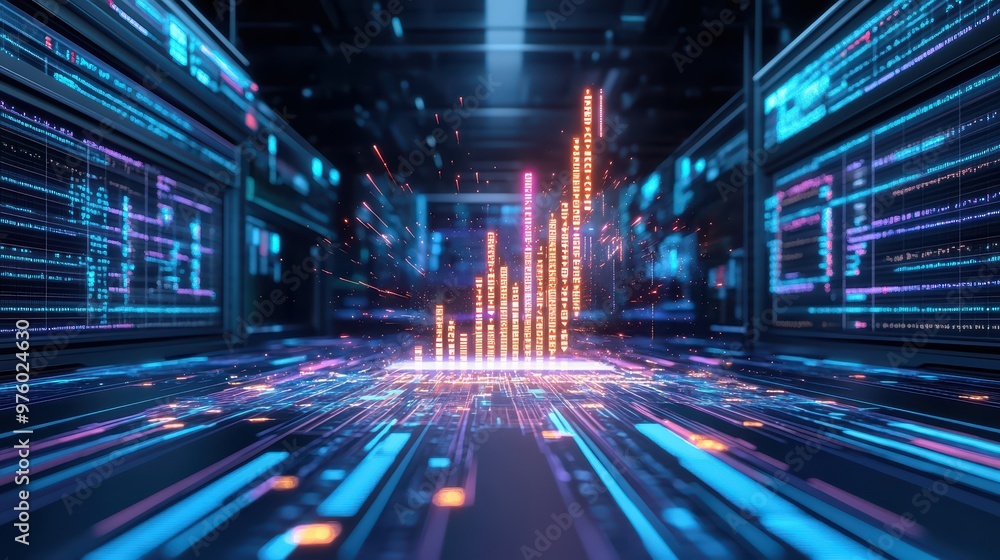 Poster futuristic data visualization with glowing bars, representing growth and analytics in a digital land