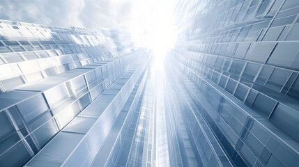 A photograph of a virtual twin simulation depicting a futuristic,high-tech architectural landscape with sleek,geometric glass facades that reflect light and create an illusion of depth and movement.