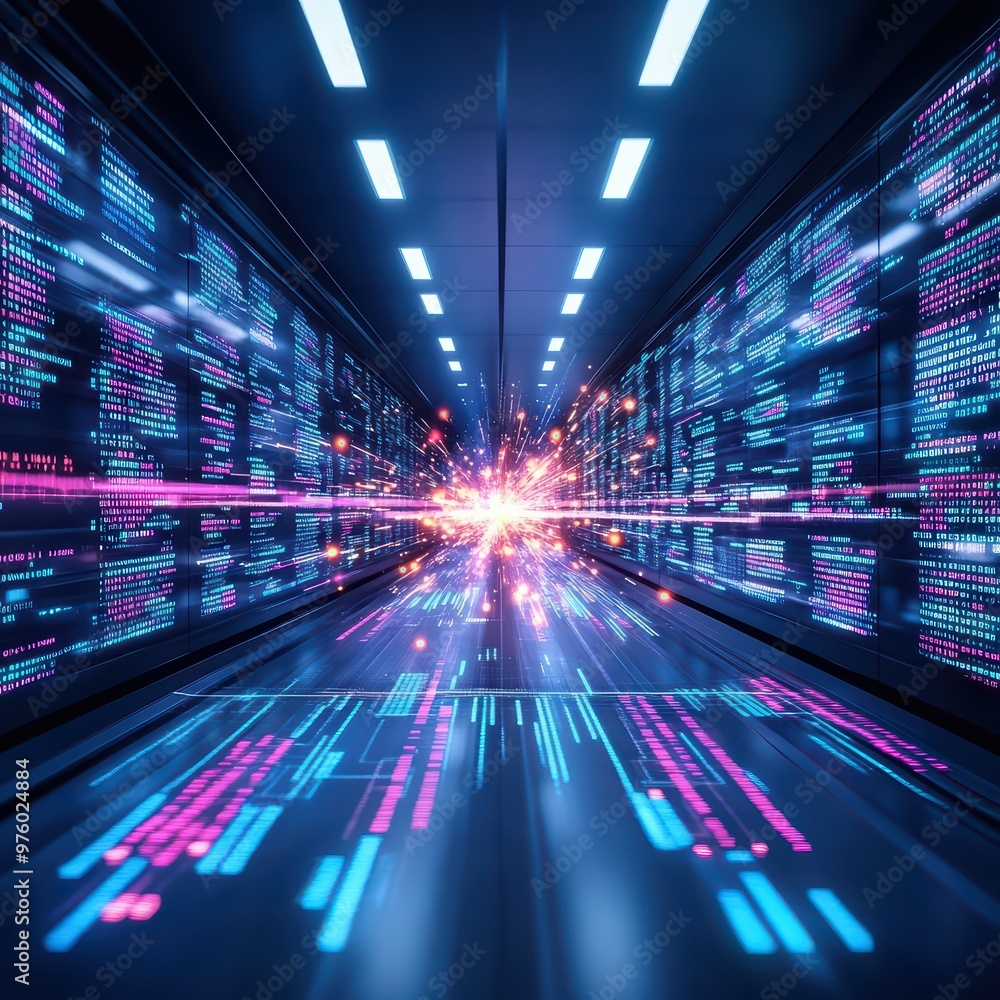 Poster futuristic digital corridor with glowing data streams, representing advanced technology and innovati