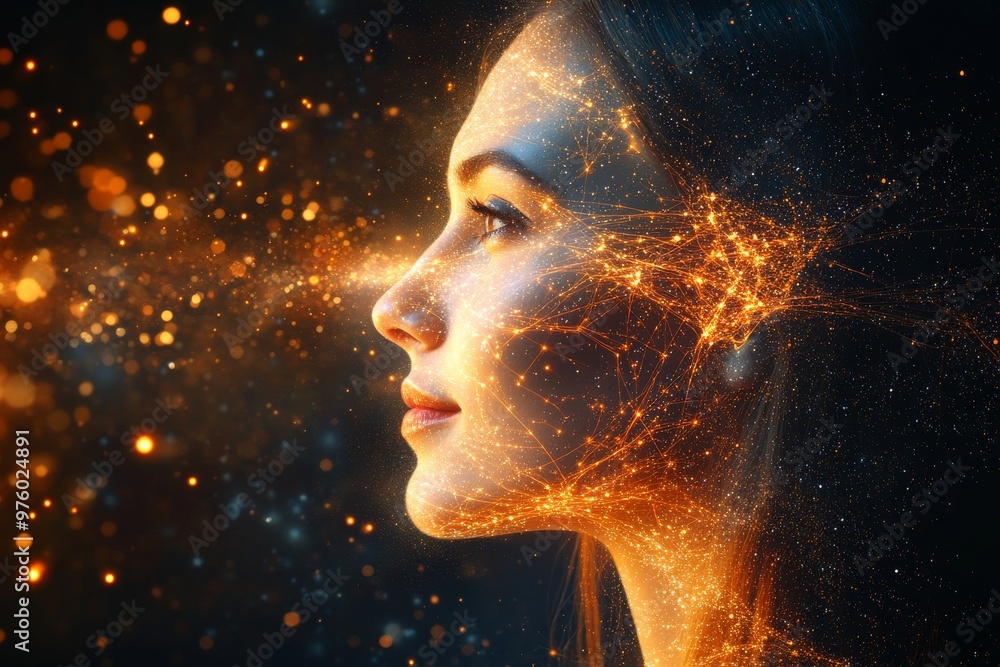 Poster side profile of a woman dissolving into glowing neural particles symbolizing imagination thought and