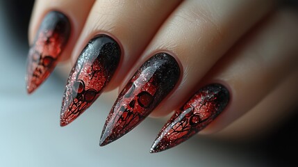Close-up of long, pointed Halloween nails with spooky faces in orange and black. Festive nail art