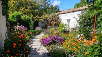 Obraz premium A stone path winds through a lush, colorful garden, leading to a white-walled building with a wooden trellis and blooming rose vines.