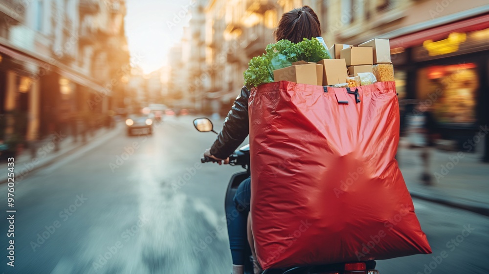 Poster a delivery person on a scooter carrying a large insulated bag filled with food boxes, driving throug