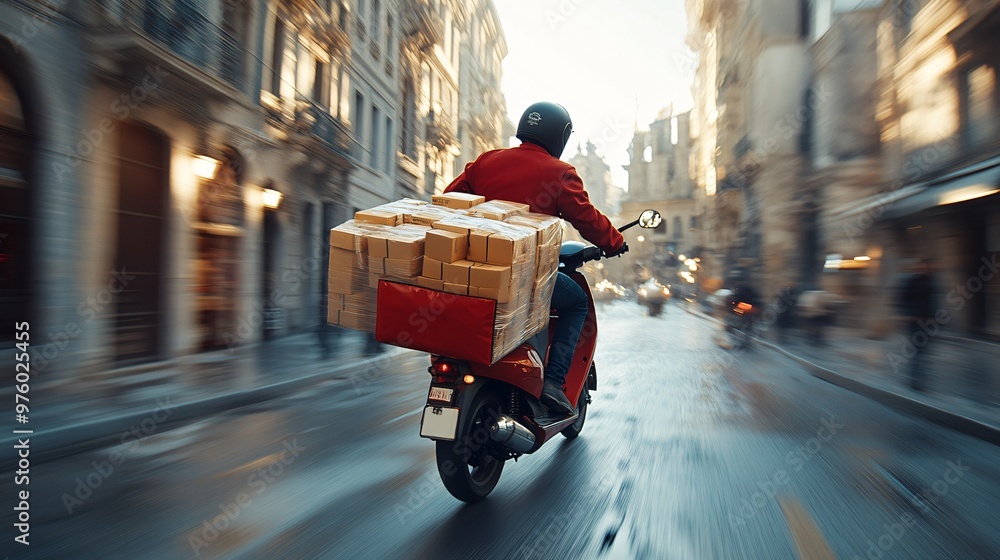 Poster a delivery person on a scooter carrying a large insulated bag filled with food boxes, driving throug