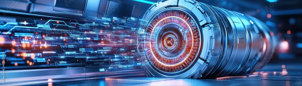 Poster futuristic technology with a metallic core and glowing elements, showcasing speed and innovation in 