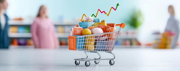 Rising prices visualized with a shopping cart full of goods and a growing price graph in the background diverse shoppers with concerned expressions