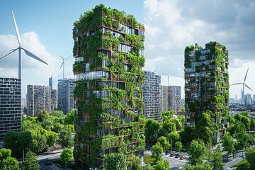 Futuristic green eco friendly high rise buildings covered in lush vegetation and surrounded by wind turbines