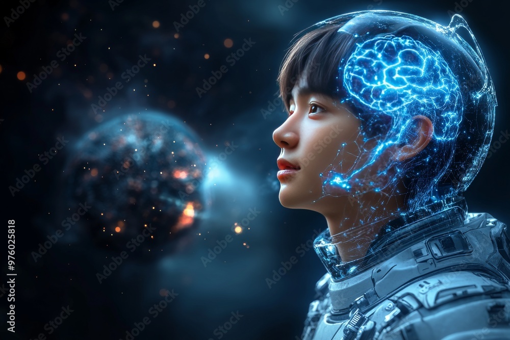 Poster woman illuminated by glowing neural connections symbolizing intelligence technology and futuristic t
