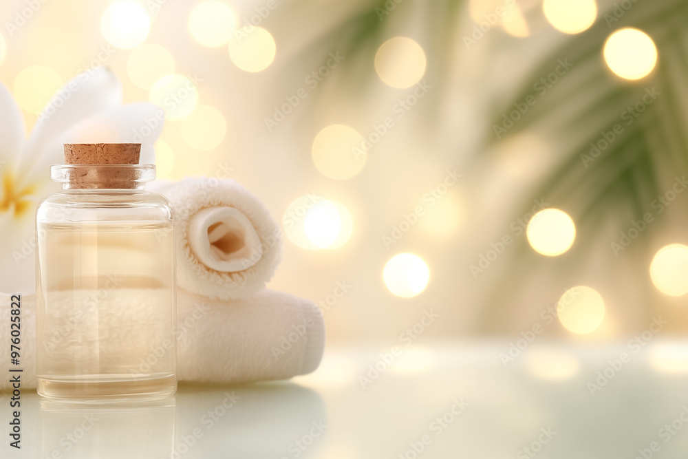 Poster a serene spa environment featuring a bottle of essential oil and a rolled towel, illuminated by soft