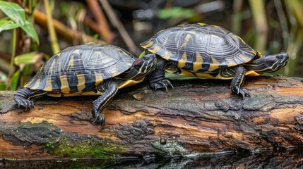 Two Turtles Basking on a Sunlit Log by the Water