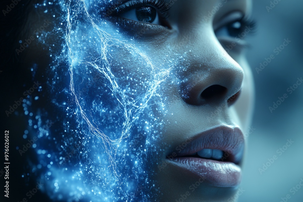 Aufkleber close up of a futuristic astronaut illuminated by glowing blue neural grid symbolizing intelligence 