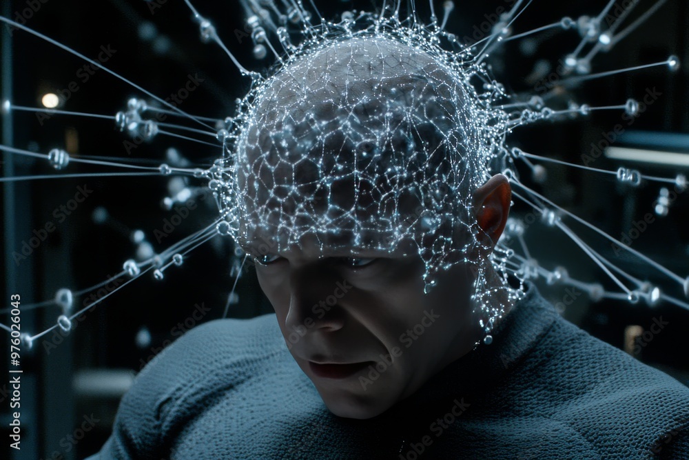 Poster man with glowing neural activity on his head symbolizing intelligence power and futuristic thought p