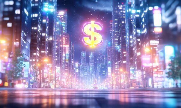 Vibrant urban night scene featuring glowing dollar symbol above a cityscape, showcasing modern architecture and vibrant lights.