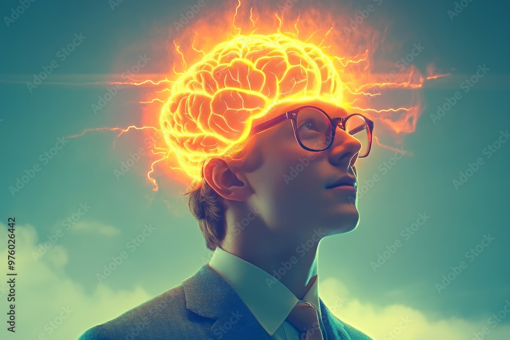 Sticker Conceptual image of a man with a glowing brain symbolizing intellect creativity and analytical thinking in a professional context with radiant light emphasizing cognitive energy