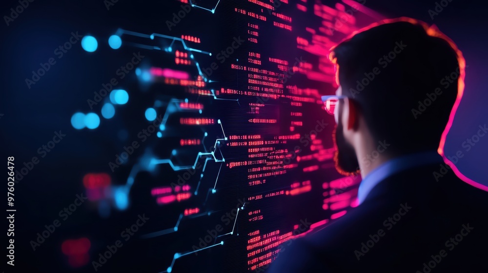 Poster person analyzing digital data with vibrant graphics, representing modern technology and innovative s