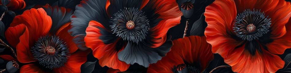 Collection of canvases adorned with dramatic black and red poppies, showcasing an expressive plant