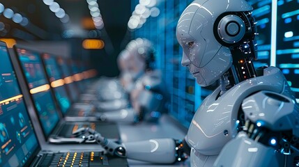 Fototapeta premium Humanoid Robot Using a Computer in a Futuristic Server Room