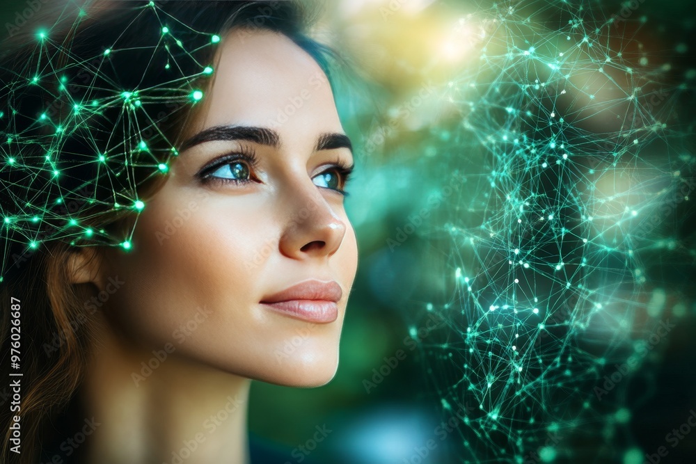 Aufkleber woman surrounded by a digital web of neural connections symbolizing advanced thought innovation and 