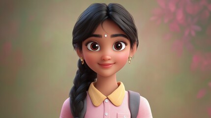Portrait of a 3d cartoon school girl | Indian school gitl in 3d cartoon style