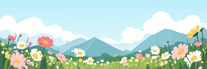 Fototapeta premium Banner of Cute cartoon vector illustration ,flat cartoon of : flowers field Panoramic kids meadow with wildflowers of mountains, bright blue sky and clouds. Cheerful nature landscape with copy space.
