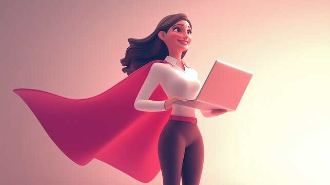 3d cartoon style super woman with laptop | Tech woman employee as super hero | Woman super hero with laptop