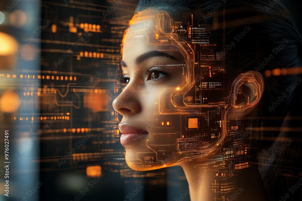 Poster digital portrait of a woman with a high tech interface embedded into her skin symbolizing the fusion