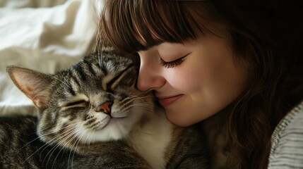 A woman with her cat, both with eyes closed, are cuddling on a bed.