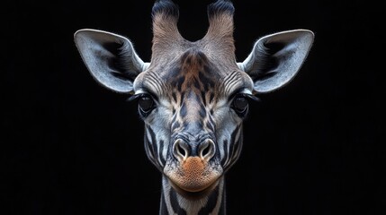 Fototapeta premium Close-up of a giraffe with dark background, captivating gaze. Wildlife photography and nature observation concept