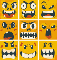 Square yellow faces cartoon vector set. Grid open mouth eyes tongue anger surprise fright unfortunately joy laughter crazy expressions emotions grotesque isolated emoticons