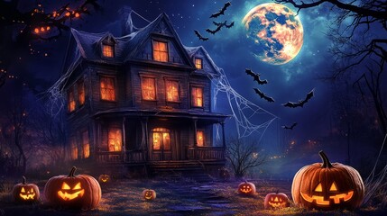 A spooky, dark, and creepy old haunted house with glowing windows, cobwebs, and jack-o-lanterns on a Halloween night, under a full moon with bats flying around.