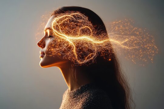 Side profile of a woman with glowing neural energy radiating outward symbolizing thought intellect and the intricate electrical processes of the human mind