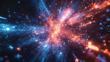 Fototapeta premium Bright, explosive burst of glowing neon particles spreading outward in a dark space.