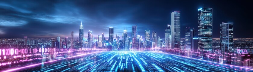 A futuristic cityscape with vibrant neon lights and dynamic digital elements showcasing advanced technology and urban life.