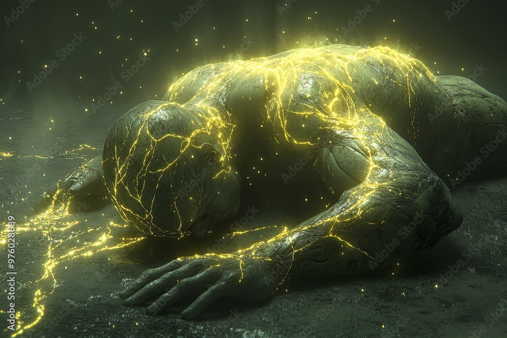 Poster digital rendering of a glowing figure in fetal position representing introspection energy and the de