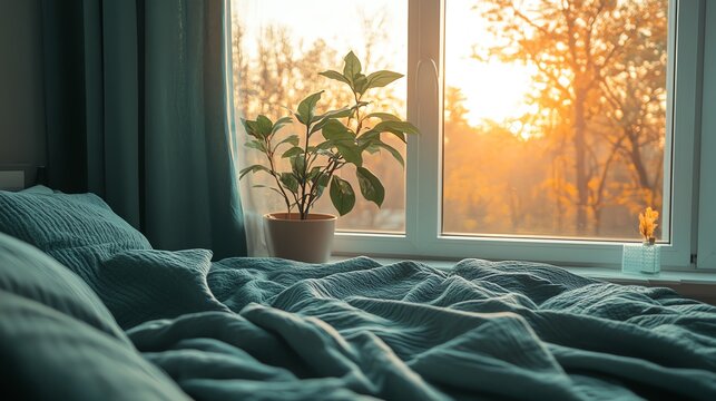 Cozy bedroom scene with a plant by the window, sunlight illuminating soft bedding and creating a warm, inviting atmosphere.