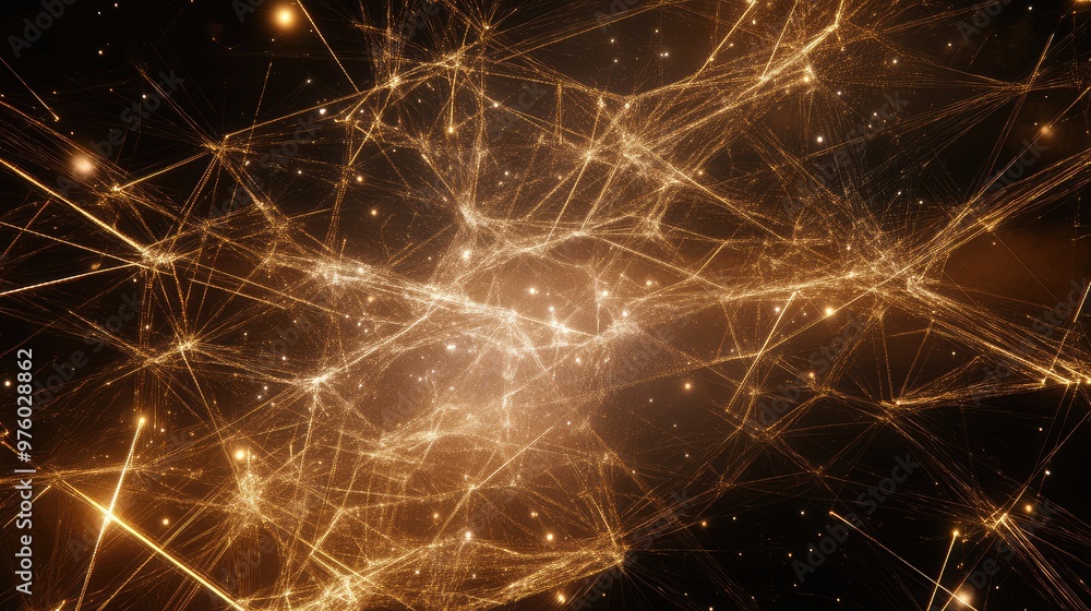 Poster crisscrossing light beams forming an abstract web of interconnected nodes.