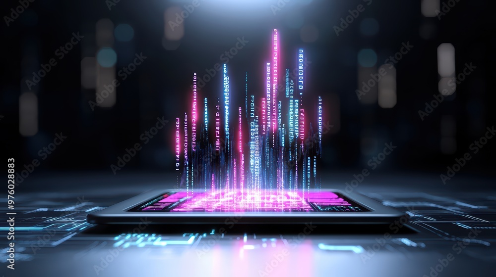 Aufkleber a futuristic tablet displaying vibrant data visualization, showcasing neon lights and digital patter