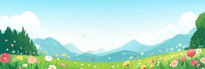 Banner of Cute cartoon vector illustration ,flat cartoon of :  flowers field Panoramic kids meadow with wildflowers of mountains, bright blue sky and clouds. Cheerful nature landscape with copy space.