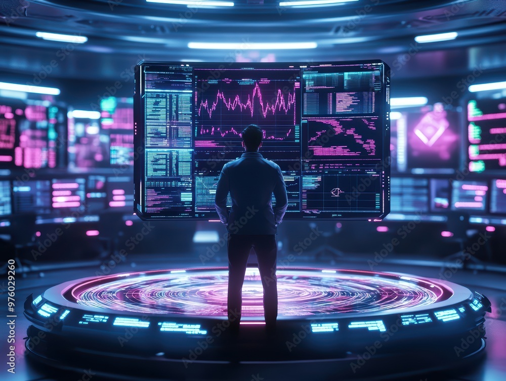 Poster a person analyzes data visualizations surrounded by dynamic screens, capturing the essence of modern