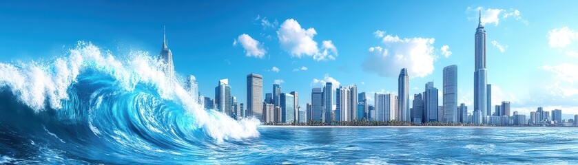 Obraz premium A stunning city skyline viewed from the ocean, showcasing waves, modern architecture, and a vibrant blue sky.