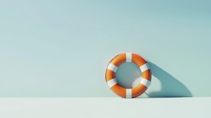 Orange lifebuoy on light turquoise background with shadow, minimalist concept of safety