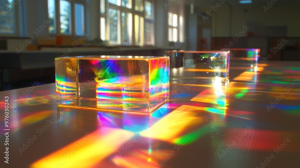 Poster school experiment showing light interference with prisms and sunlight