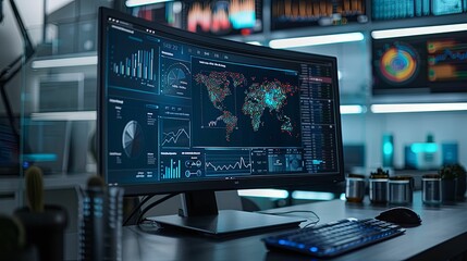 Computer monitor displaying a world map with data visualizations and charts