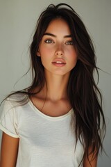 Fototapeta premium Cute woman wearing a blank white t-shirt with a mockup template for a graphic designer.