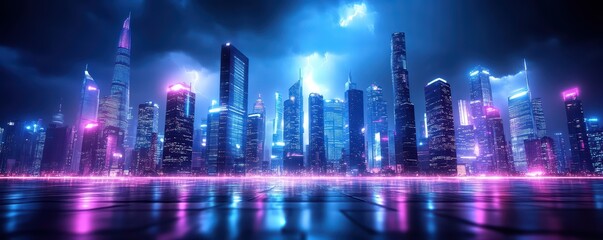 A vibrant city skyline illuminated with neon lights, showcasing modern architecture under a dramatic night sky.